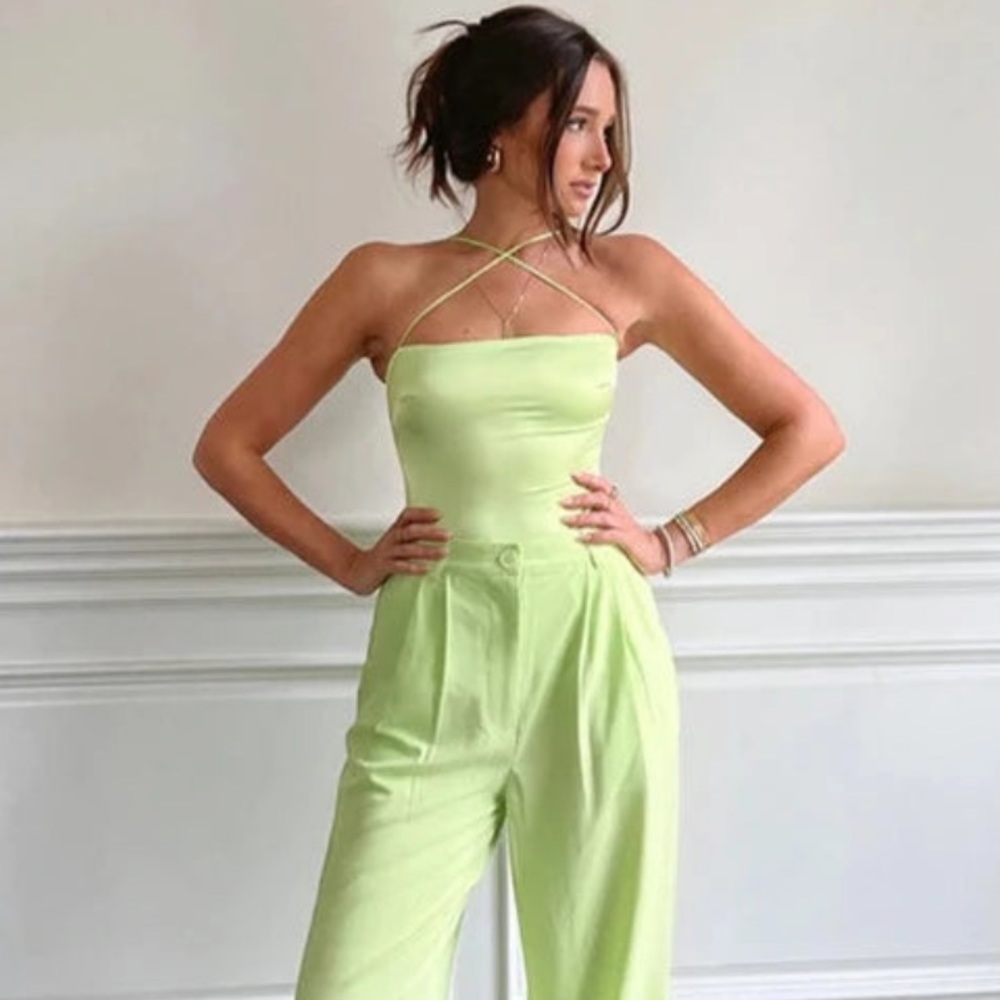 NWT We Wore What Strappy Satin Chiffon Bodysuit Green